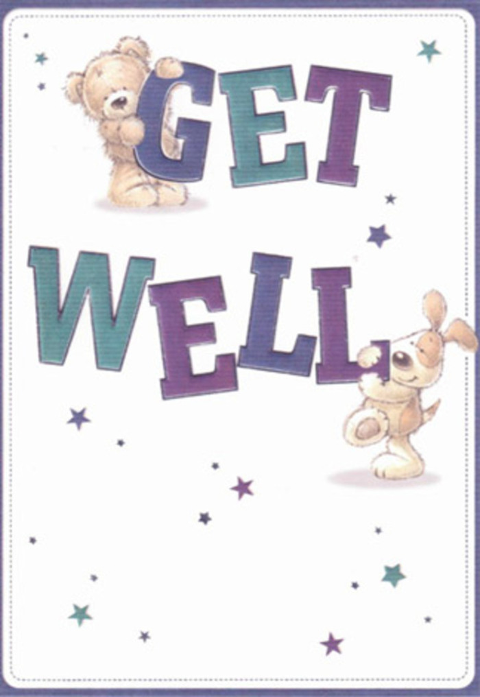 This get well card captures the essence of gentle encouragement so needed during recovery, with two playful figures-a bear and a puppy-portrayed in a cheerful, heartwarming scene reminiscent of quiet mornings in Pentonville's leafy corners. Floating above and below the bold, confident words 'Get Well,' the bear's soft golden fur and the puppy's velvety, oversized ears evoke the sense of reaching out for a comforting hug. Around them, lively starbursts in shades of purple and teal scatter across a clear white background-tiny messengers of hope, not unlike sunlight filtering through the trees along Islington's nearby parks. The typography, shaded in radiant indigo and aqua, leaps energetically from the card, grounding the entire composition in bright optimism. Each detail, from the expressive faces to the tactile, brushstroke textures, invites the recipient to feel cared for and remembered-reminding me of the thoughtful intent behind every bouquet prepared for delivery at Flowers Pentonville. This illustrated scene, with its airy light and harmonious palette, is a testament to the healing power of simple, sincere gestures-perfect for lifting spirits whether at home or recovering in a Pentonville hospital. Together, the artistry and intent create a unique sympathy: a celebration of resilience woven through innocence and hope, as enduring as the neighbourhood itself.